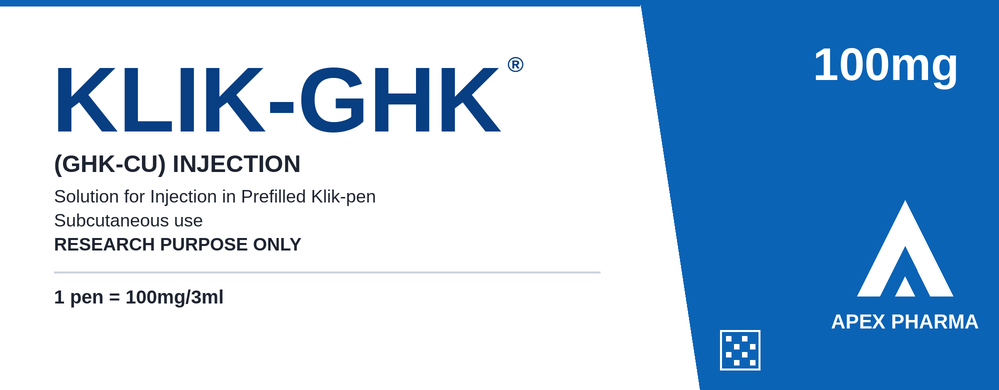 KLIK-GHK research peptide prefilled pen box by APEX Pharma, 100 mg / 3 mL