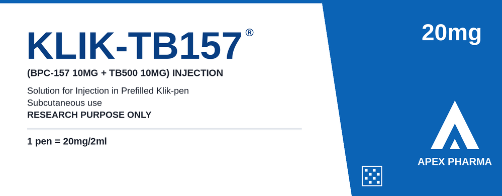KLIK-TB157 research peptide prefilled pen box by APEX Pharma, 20 mg / 2 mL