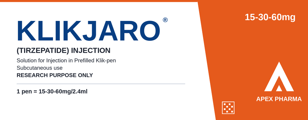 KLIKJARO research peptide prefilled pen box by APEX Pharma, 15-30-60 mg / 2.4 mL