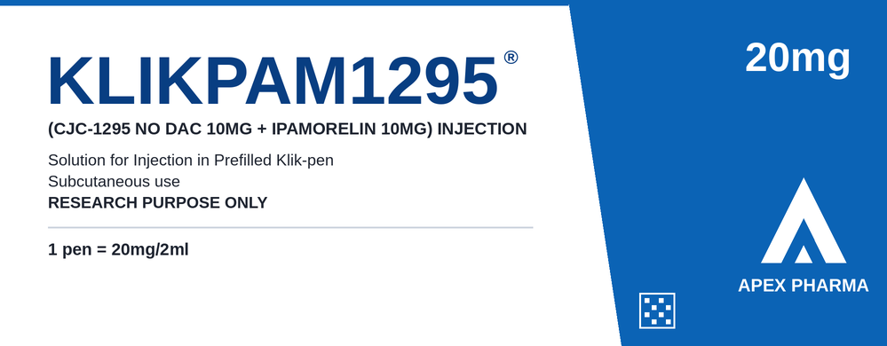 KLIKPAM1295 research peptide prefilled pen box by APEX Pharma, 20 mg / 2 mL